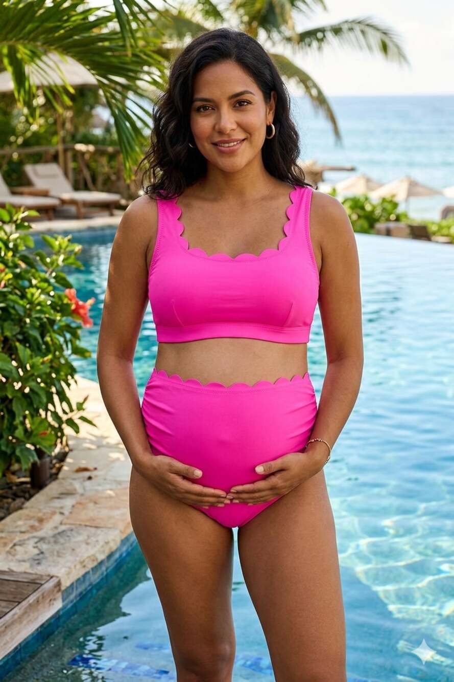 Summer Mae Scalloped High Waist Maternity Two-Piece Bikini Set in Hot Pink